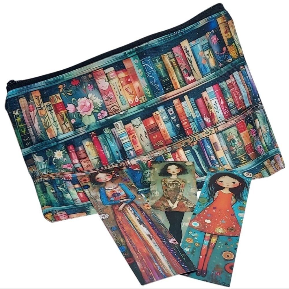 Cosmetic, Makeup, Pencil Pouch Bag Colorful Book Print  Boho Style NWT